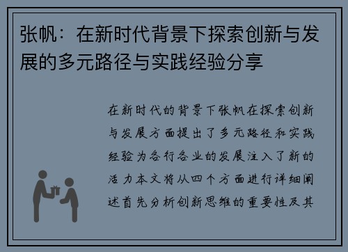 张帆：在新时代背景下探索创新与发展的多元路径与实践经验分享